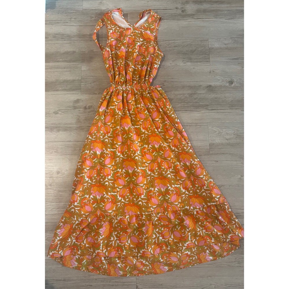 Willow + Root Floral Cut Out Maxi Dress Orange Pink Boho 70s Style Small
